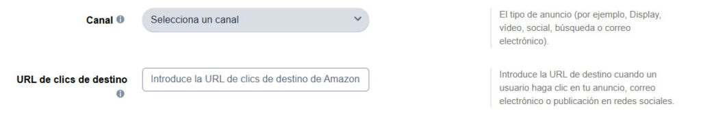Amazon Attribution seleccionar canal y URL de landing page manualmente