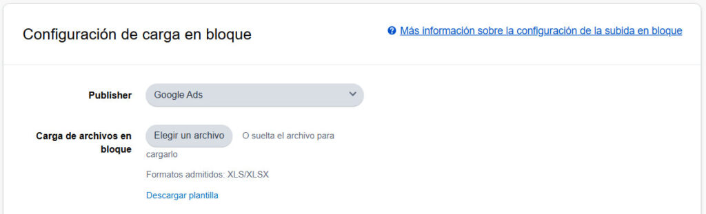 Amazon Attribution seleccionar publisher cargando archivo y descargar plantilla