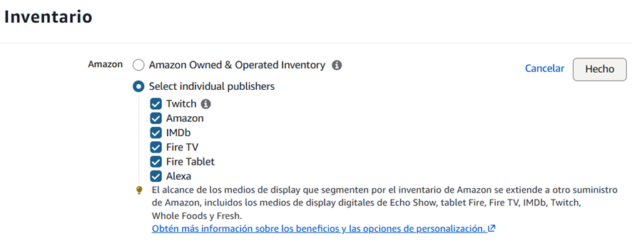 selección de inventario de donde van a aparecer en Amazon Video Ads