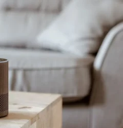 Dispositivo Amazon Echo con Alexa recomendando productos patrocinados de forma conversacional a un comprador online en su hogar