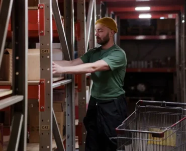 Operario de almacén organizando estanterías de e-commerce aplicando el método FIFO y LIFO para optimizar la rotación de stock
